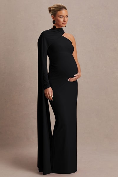 Club L London Tessy | Black Asymmetric-Neck Maternity Maxi Dress With Cape-Sleeve