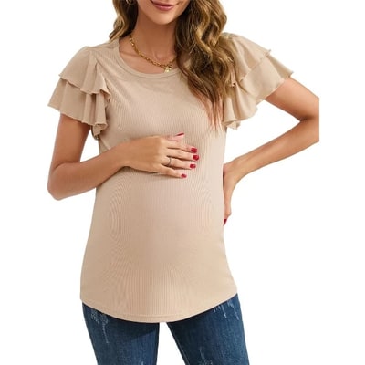 Target Coolmee Women's Maternity Shirts Nursing Tops Flying Short Sleeve Breastfeeding Tees Lightweight Side Ruched Pregnancy Clothes XL Apricot