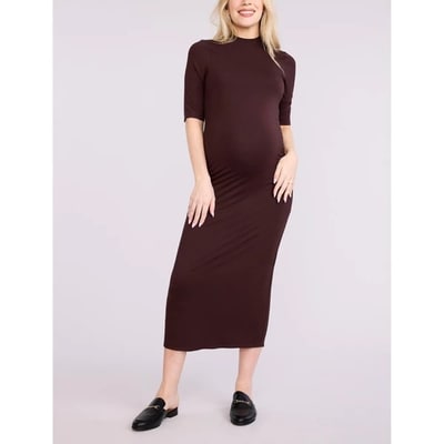 Target Women's Mock Neck 3/4 Sleeve Ribbed Maternity Maxi Dress - Tawny Port - Size: Large - Motherhood Maternity