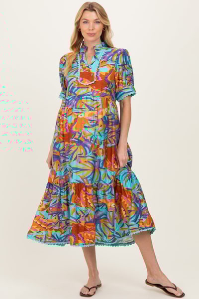 PinkBlush Aqua Mix Leaf Print Pocketed Maternity Midi Dress