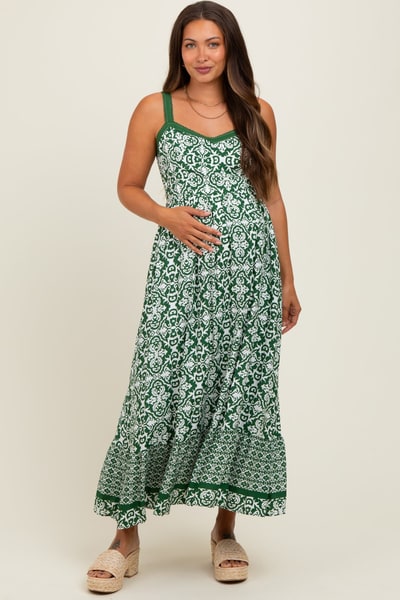 PinkBlush Green Sleeveless Border Print Maternity Maxi Dress