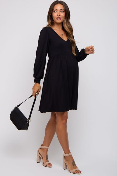 PinkBlush Black Long Puff Sleeve Maternity Dress