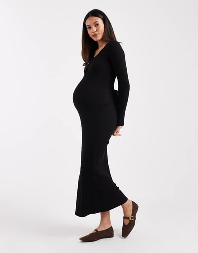 ASOS ribbed scoop neck button midi dress with tie detail in black