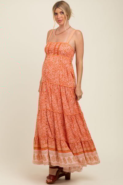 PinkBlush Orange Border Print Sleeveless Maternity Maxi Dress
