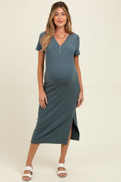 PinkBlush Teal Ribbed Button Detail Maternity Midi Dress