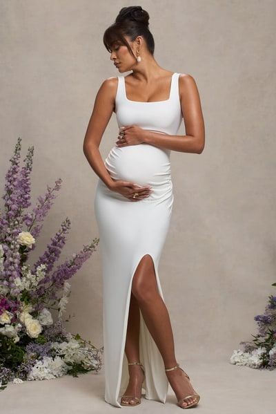 Club L London Avril | White Square Neck Maternity Maxi Dress with Split