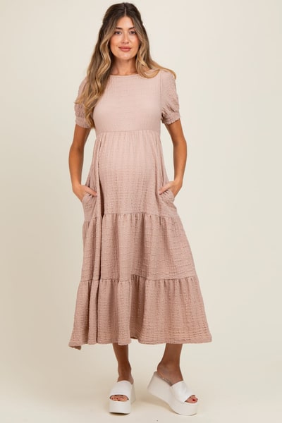 PinkBlush Mocha Solid Textured Tiered Shirt Sleeve Maternity Maxi Dress