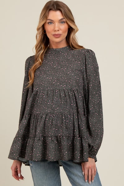 PinkBlush Olive Animal Print Mock Neck Tiered Maternity Top