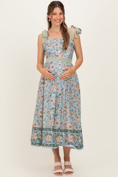 PinkBlush Dusty Blue Floral Shoulder Tie Button Down Maternity Midi Dress