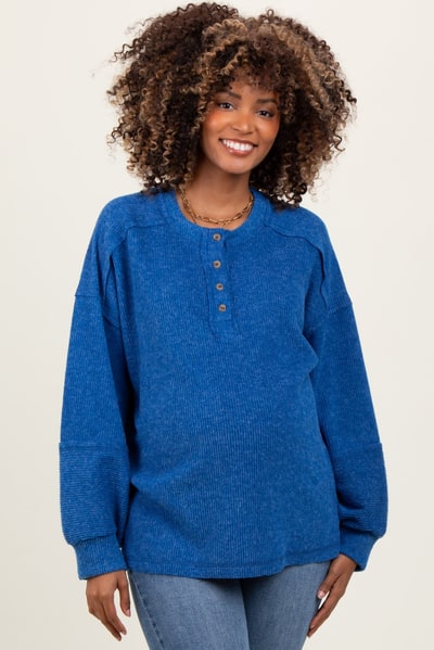 PinkBlush Light Navy Oversized Ribbed Knit Henley Maternity Sweater