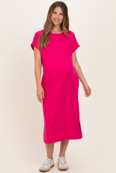 PinkBlush Fuchsia Pocket Front Maternity Midi T-Shirt Dress