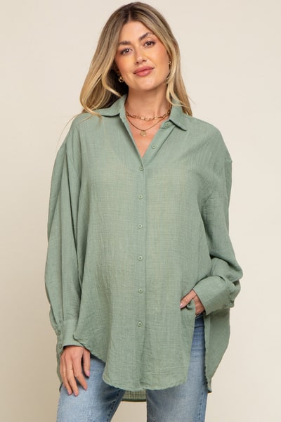 PinkBlush Green Lightweight Sheer Button Down Maternity Blouse