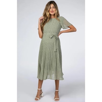 Target Pinkblush Light Olive Leaf Print Pleated Maternity Midi Dress Medium
