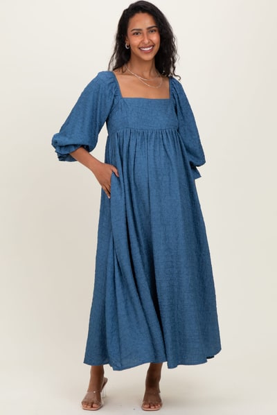 PinkBlush Blue Textured 3/4 Puff Sleeve Maternity Maxi Dress