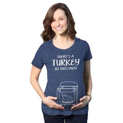 Target Maternity Theres A Turkey In This Oven Pregnancy T Shirt Funny Thanksgiving Tee - Crazy Dog Maternity T Shirt for Thanksgiving Navy S