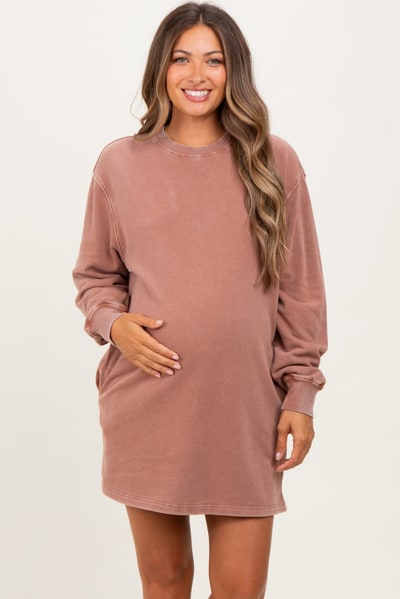 PinkBlush Light Taupe Mineral Wash Oversized Maternity Sweatshirt Mini Dress
