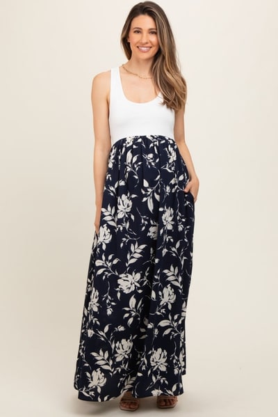 PinkBlush Navy Colorblock Floral Maternity Maxi Dress
