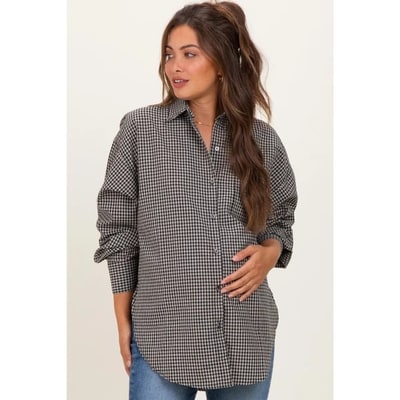 Target Pinkblush Ivory Plaid Linen Blend Maternity Button Down Shirt Small