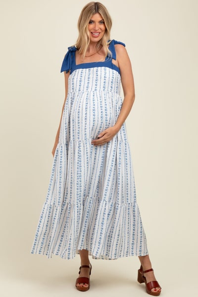 PinkBlush Blue/White Ditzy Floral Sleeveless Tiered Maternity Maxi Dress