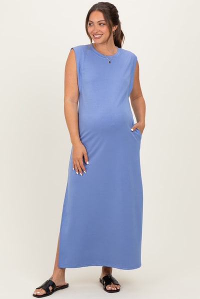 PinkBlush Light Blue Sleeveless Side Slit Maternity Midi Dress