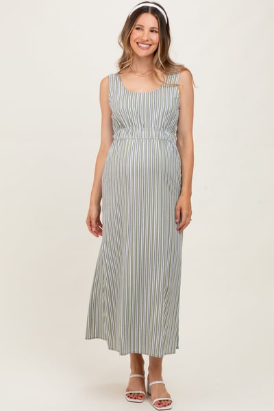 PinkBlush Olive-White Stripe Side Slit Maternity Maxi Dress