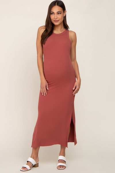 PinkBlush Rust Ribbed Maternity Side Slit Tank Dress