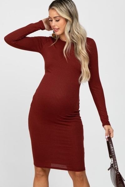 PinkBlush Burgundy Ribbed Fitted Long Sleeve Maternity Dress