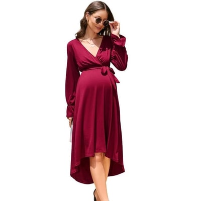 Target WhizMax Women Maternity Dress Wrap V Neck Dress Long Lantern Sleeve A-Line High Waist Flowy Dress with Belt Wine Red XL
