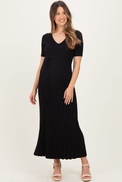 PinkBlush Black Ribbed Short Sleeve Maternity Knit Maxi Dress
