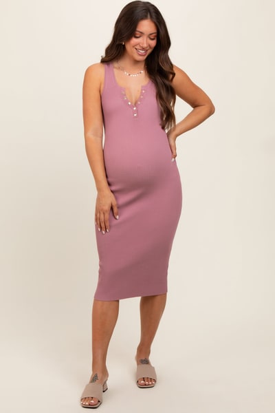 PinkBlush Mauve Ribbed Fitted Sleeveless Snap Button Maternity Dress