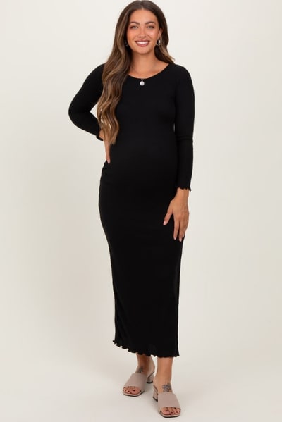 PinkBlush Black Knit Side Slit Lettuce Trim Maternity Maxi Dress