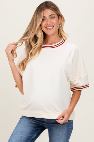 PinkBlush Cream Contrast Trim Short Sleeve Maternity Pullover