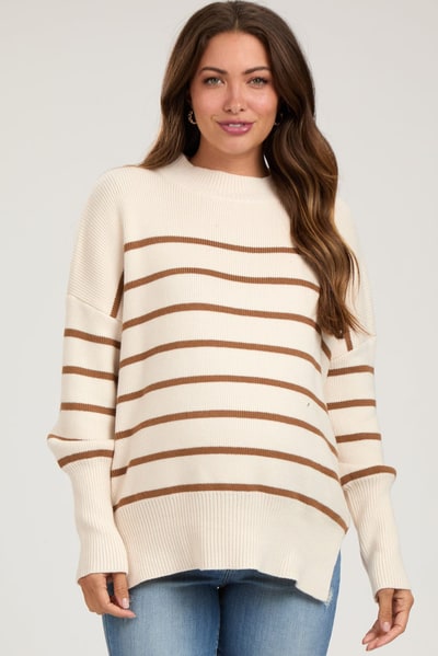 PinkBlush Beige Striped Drop Shoulder Maternity Sweater
