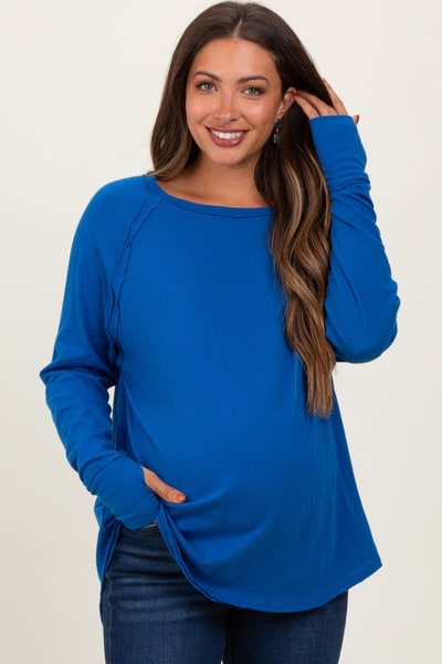 PinkBlush Blue Exposed Seam Thumbhole Long Sleeve Maternity Top