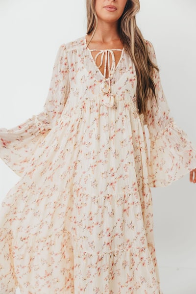 Worth Collective Lisa Woven Floral V-Neck Maxi Dress with Detachable Liner in Cream Multi - Bump Friendly