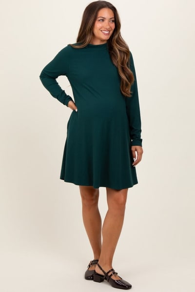 PinkBlush Forest Green Ribbed Mock Neck Long Sleeve Basic Maternity Dress