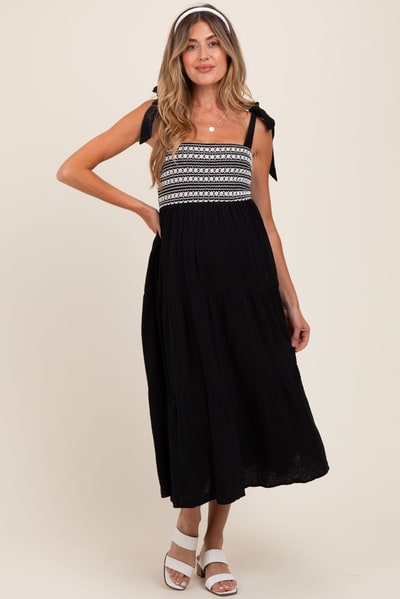 PinkBlush Black Crochet Bodice Shoulder Tie Tiered Maternity Midi Dress
