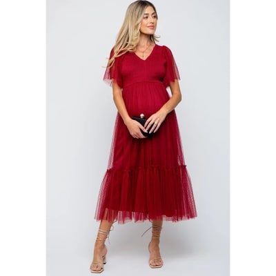 Target Pinkblush Burgundy Dotted Tulle Smocked Maternity Midi Dress Medium