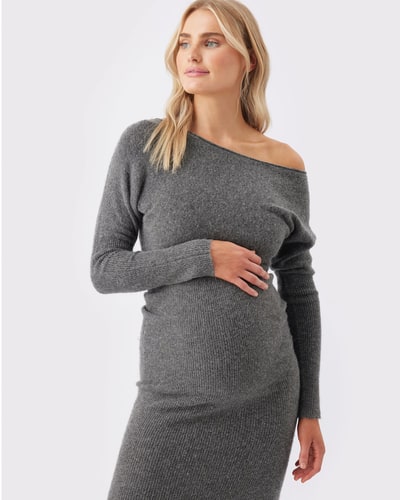 Ripe Maternity Tobie Off Shoulder Knit Dress Charcoal Marle
