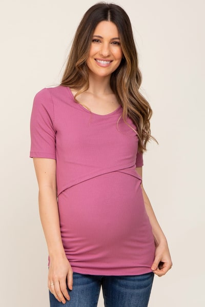 PinkBlush Mauve Ribbed Wrap Front Maternity/Nursing Top