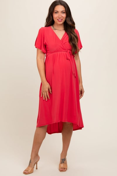 PinkBlush Coral Flutter Sleeve Waist Tie Maternity Nursing Dress