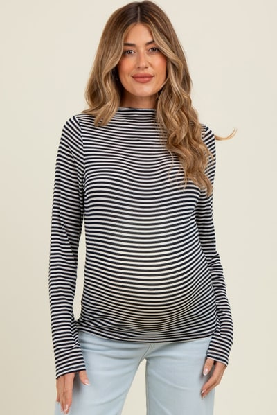 PinkBlush Navy Striped High Neck Maternity Long Sleeve Top