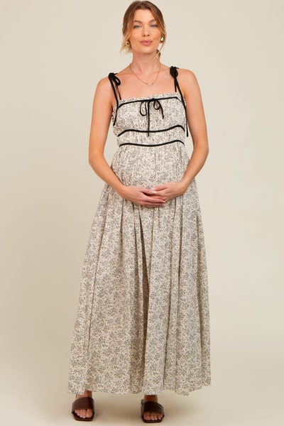 PinkBlush Cream Floral Contrast Ribbon Trim Maternity Maxi Dress
