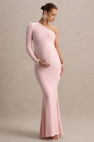 Club L London Heloise | Pink Asymmetric One-Sleeve Maternity Maxi Dress