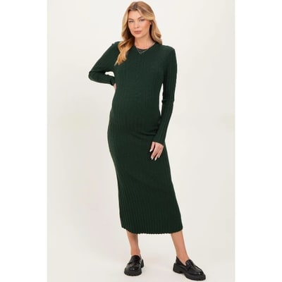 Target Pinkblush Forest Green Ribbed Knit Fitted Maternity Midi Sweater Dress Medium
