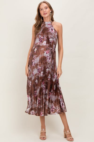 PinkBlush Brown Floral Pleated Halter Maternity Midi Dress