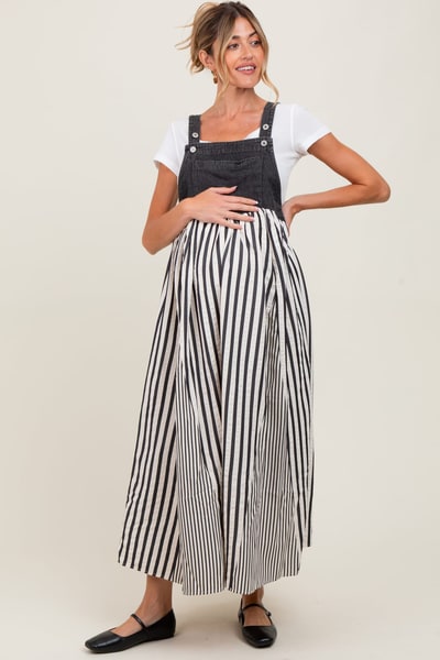 PinkBlush Charcoal Striped Colorblock Denim Contrast Maternity Maxi Dress