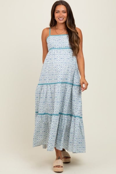 PinkBlush Blue Cotton Floral Maternity Maxi Dress