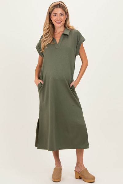 PinkBlush Olive Collared Oversized Maternity Midi Dress