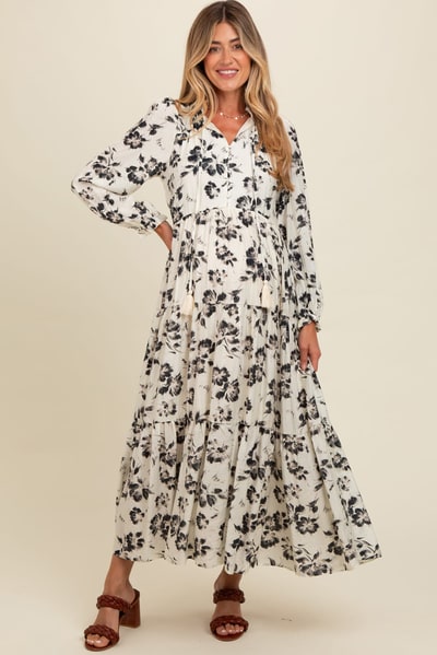 PinkBlush Black Floral Button Front Tiered Long Sleeve Maternity Maxi Dress